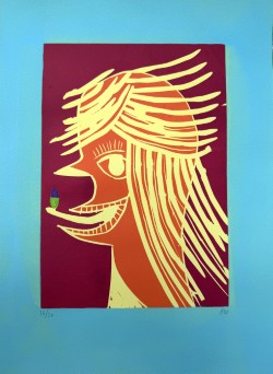 Linocut on hand-coloured paper (ADHD)