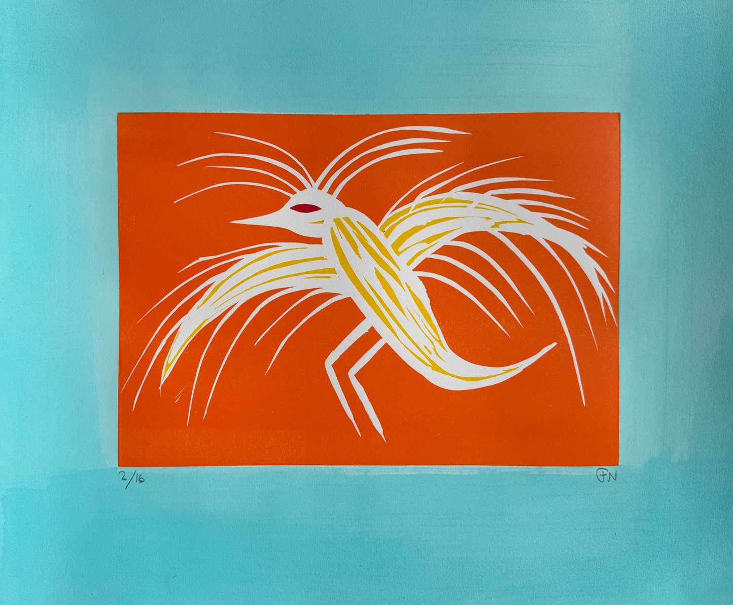 Linocut on hand-coloured paper