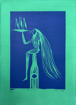 Linocut on hand-coloured paper