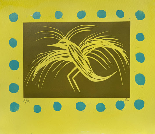 Linocut on hand-coloured paper