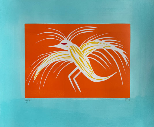 Linocut on hand-coloured paper
