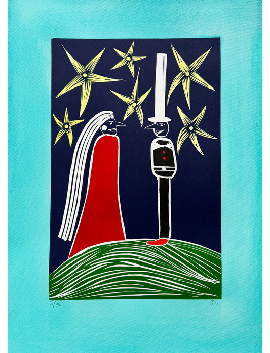 Linocut on hand-coloured paper