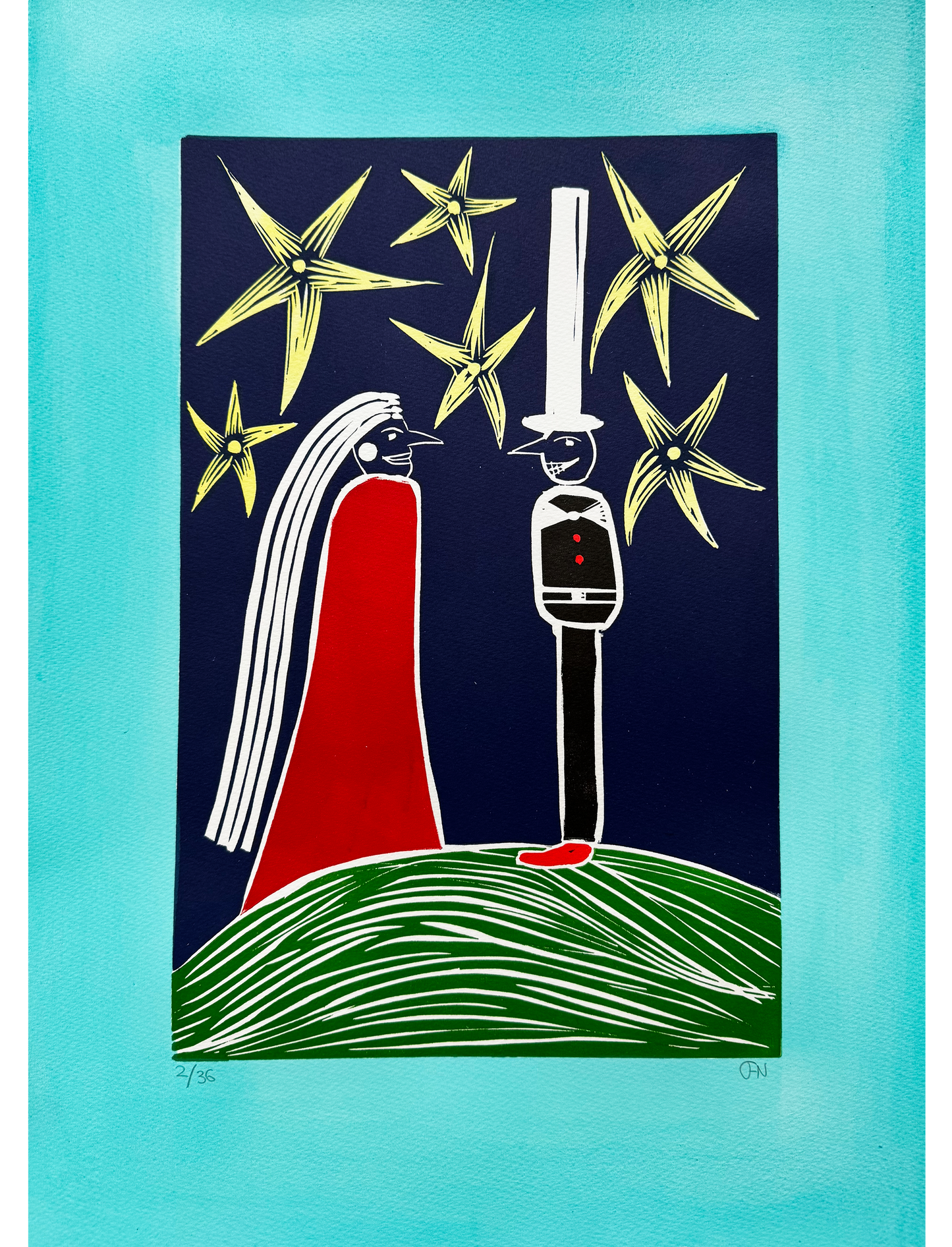 Linocut on hand-coloured paper