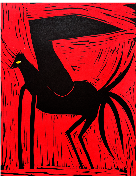 Linocut on hand-coloured paper