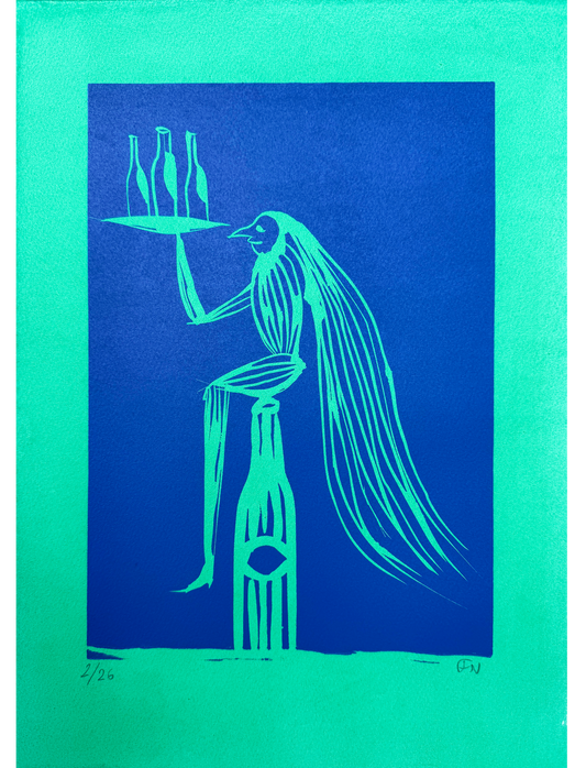 Linocut on hand-coloured paper